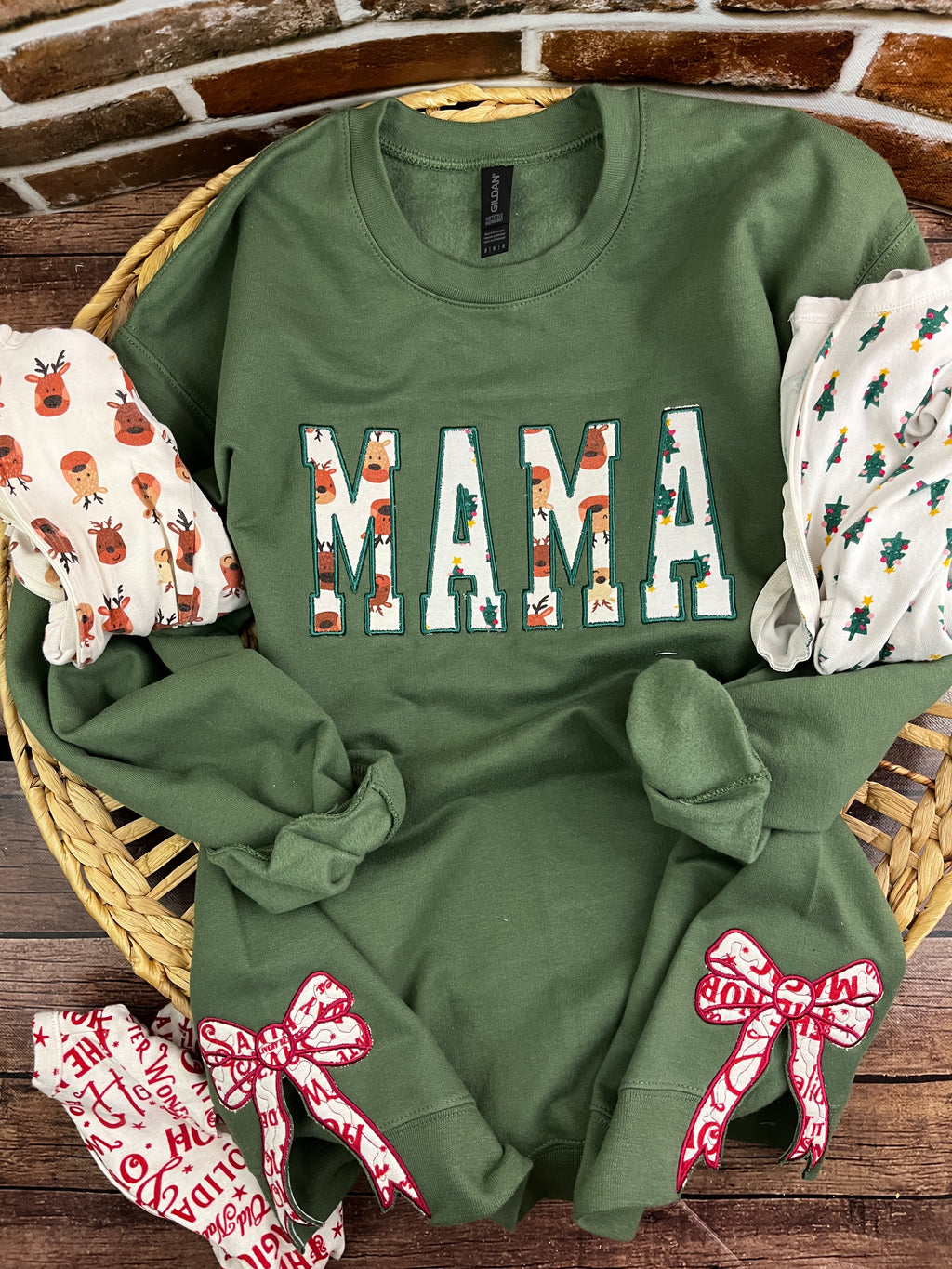 Mama keepsake sweatshirt with side bows appliqued from baby clothes - side view