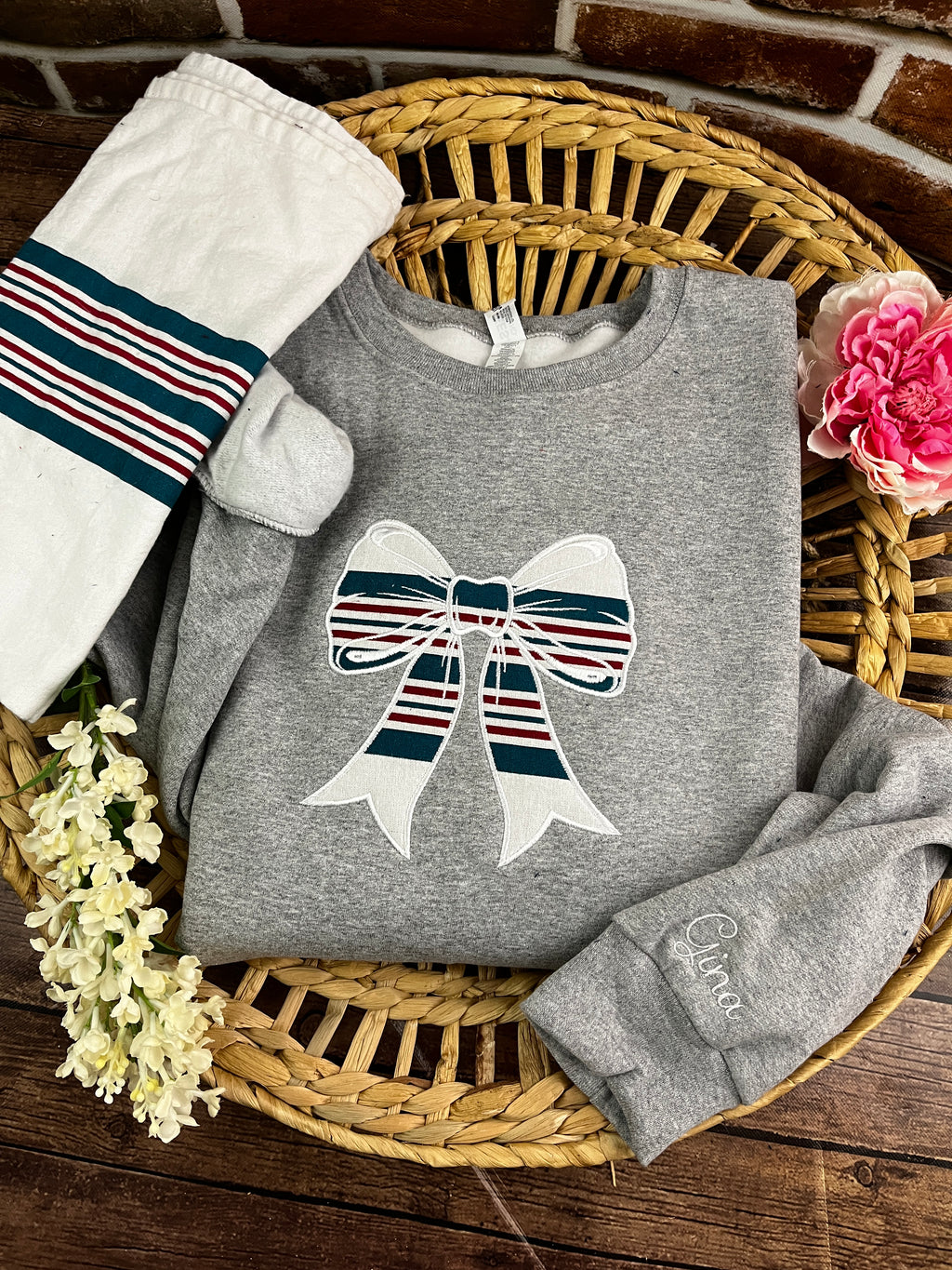 Nurse bow sweatshirt appliqued from a baby hospital swaddle blanket - alternate view