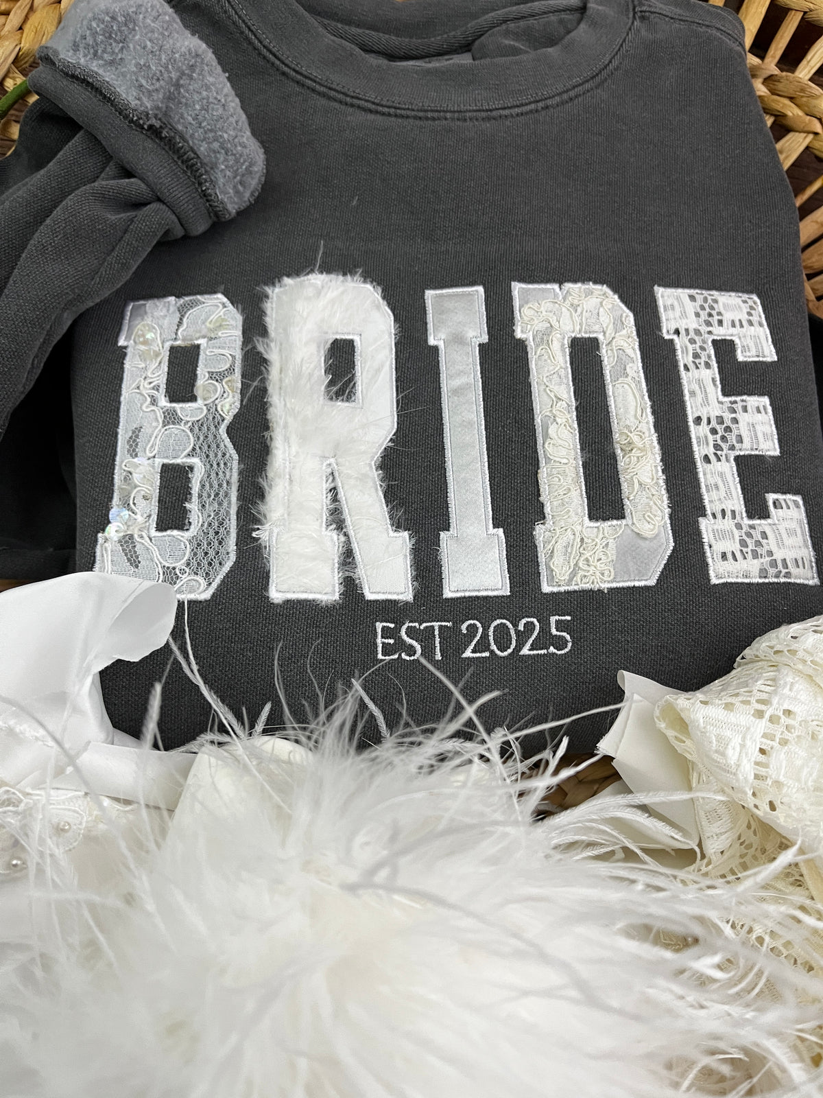 Custom bride memory keepsake shirt with wedding dress applique - close up view