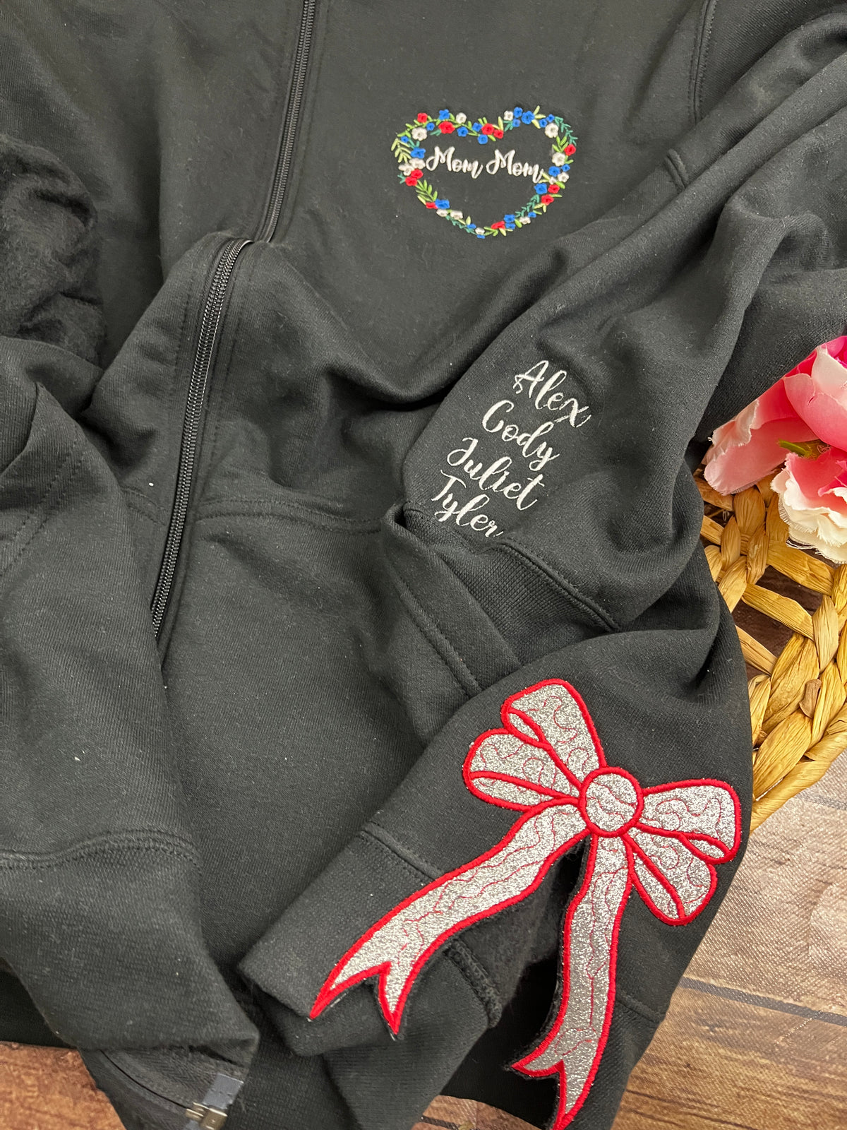 Personalised grandma floral heart embroidered zip up sweatshirt - extra view