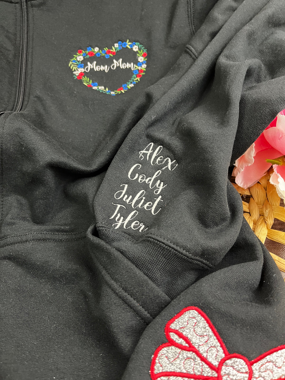 Personalised grandma floral heart embroidered zip up sweatshirt - back view