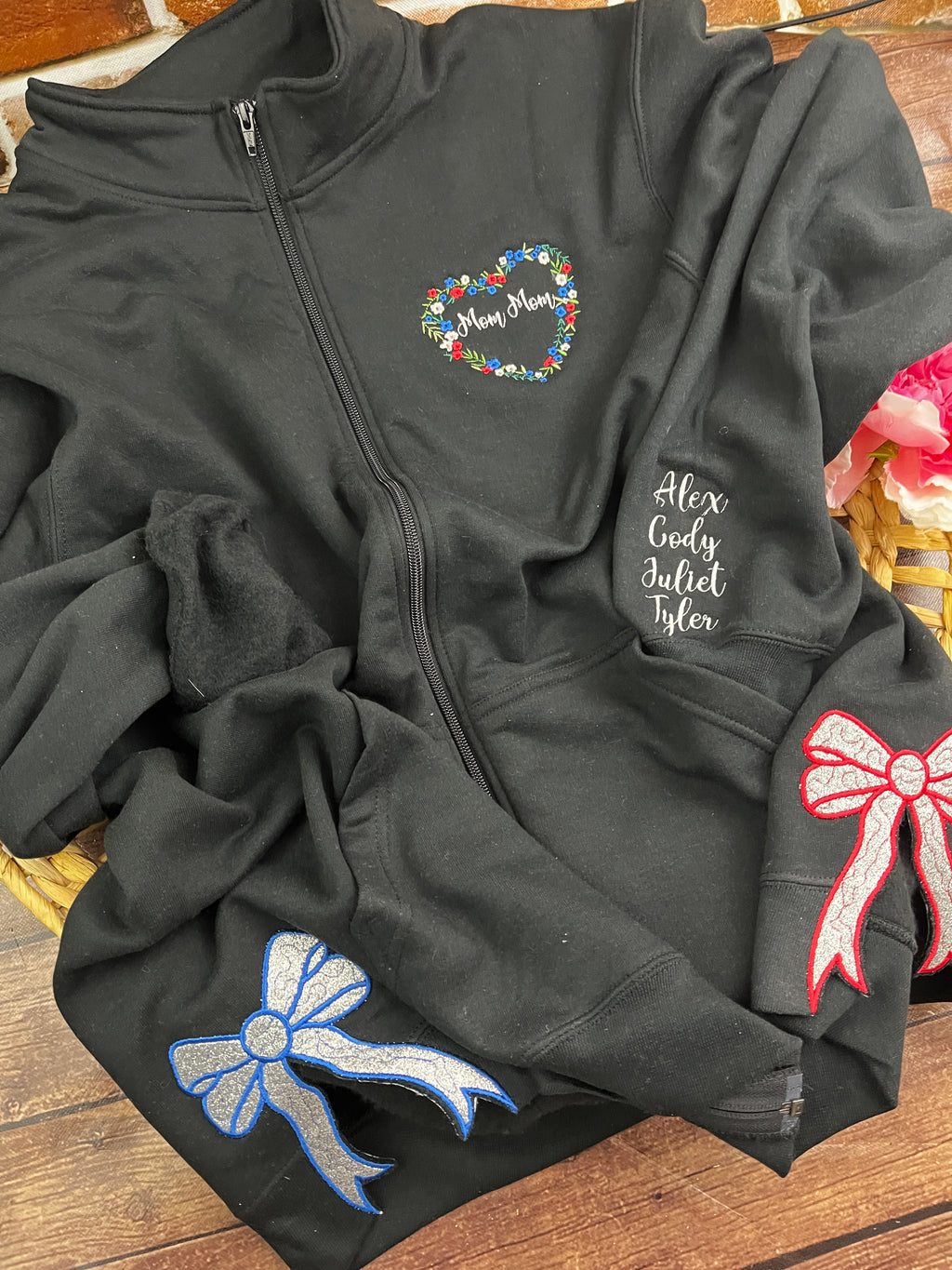 Personalised grandma floral heart embroidered zip up sweatshirt - additional view