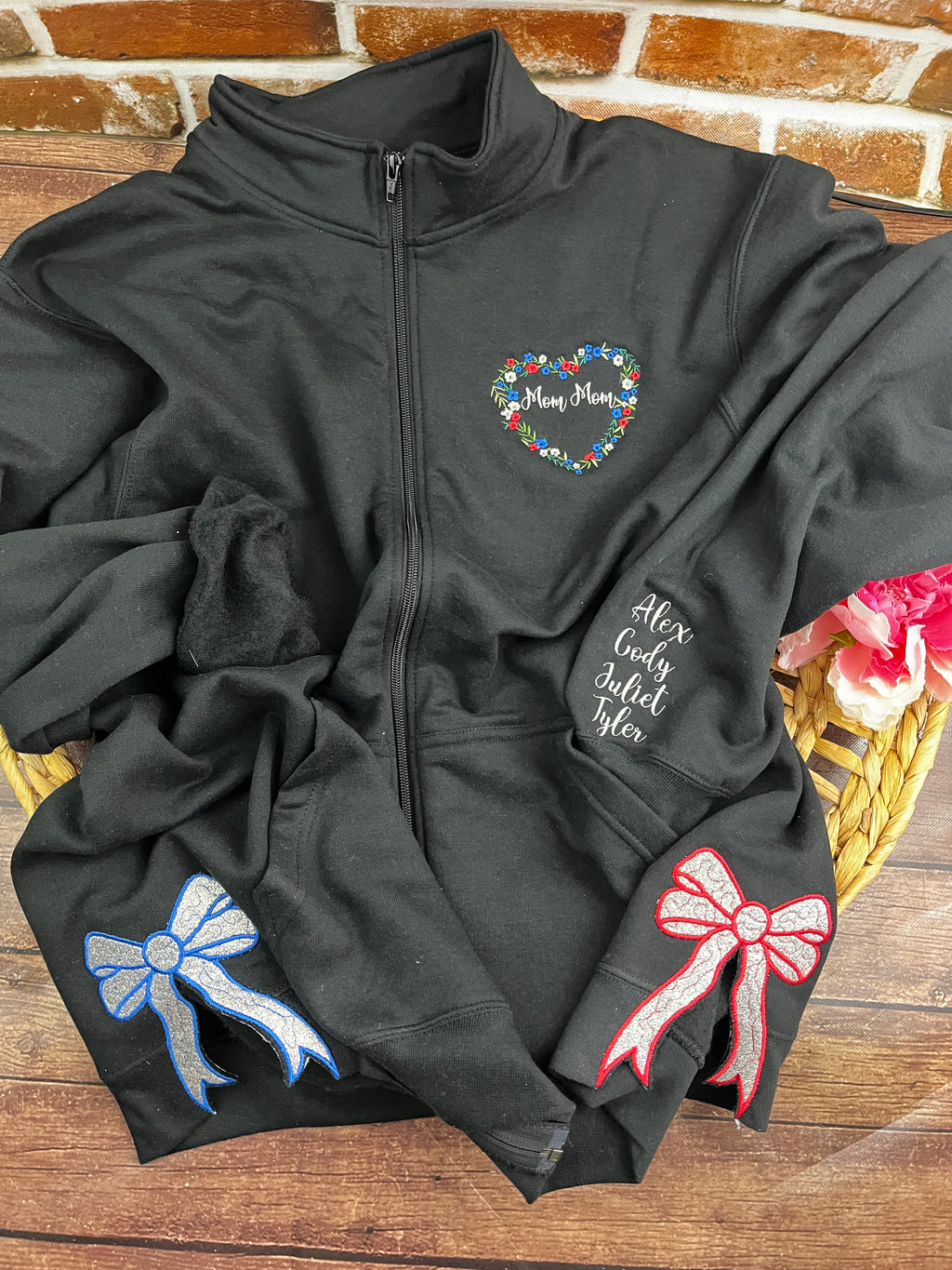 Personalised grandma floral heart embroidered zip up sweatshirt - side view