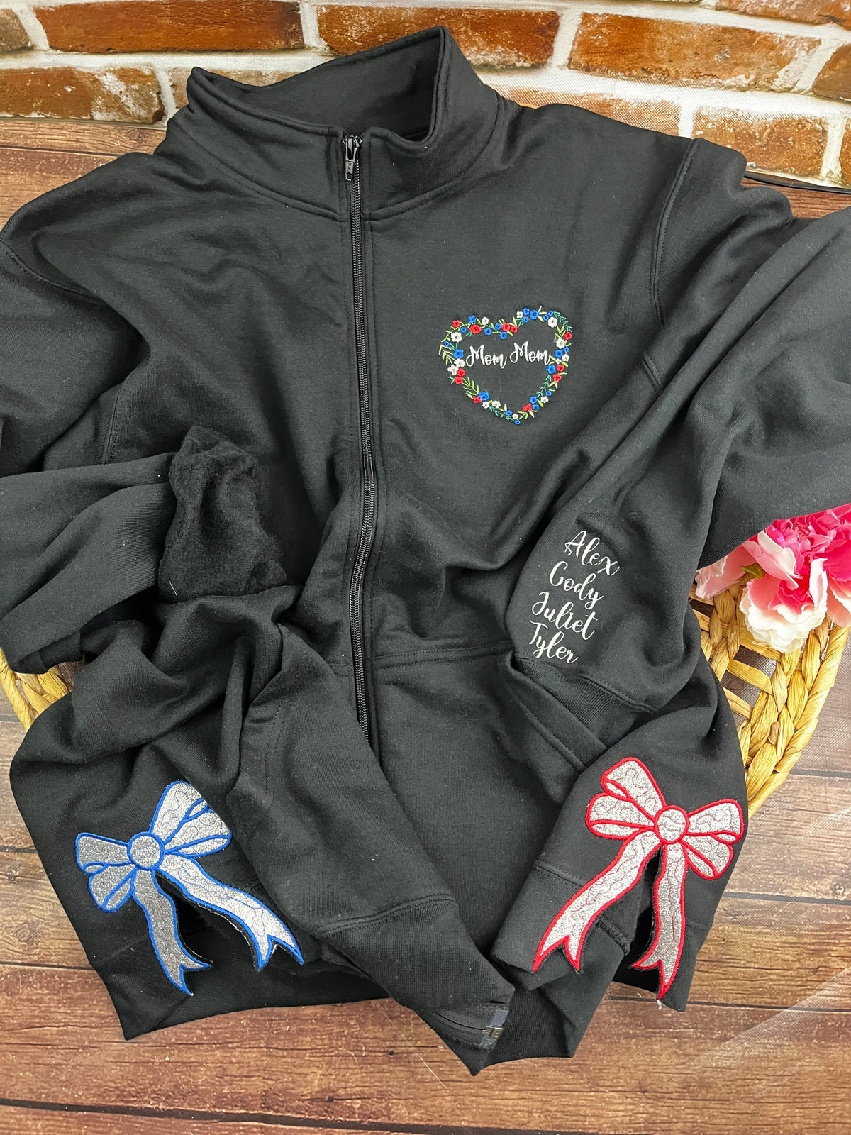 Personalised grandma floral heart embroidered zip up sweatshirt - side view