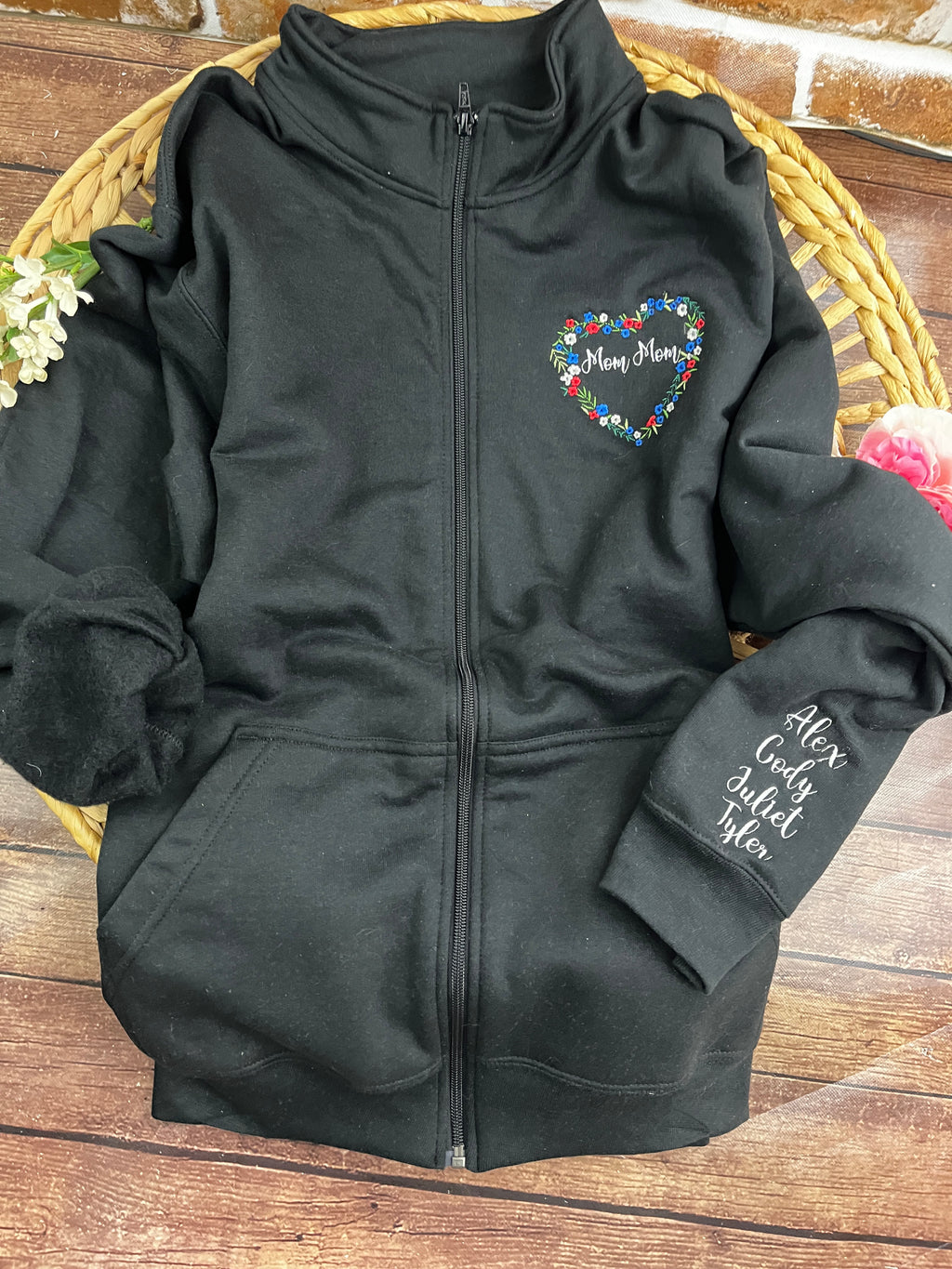 Personalised grandma floral heart embroidered zip up sweatshirt - fabric detail