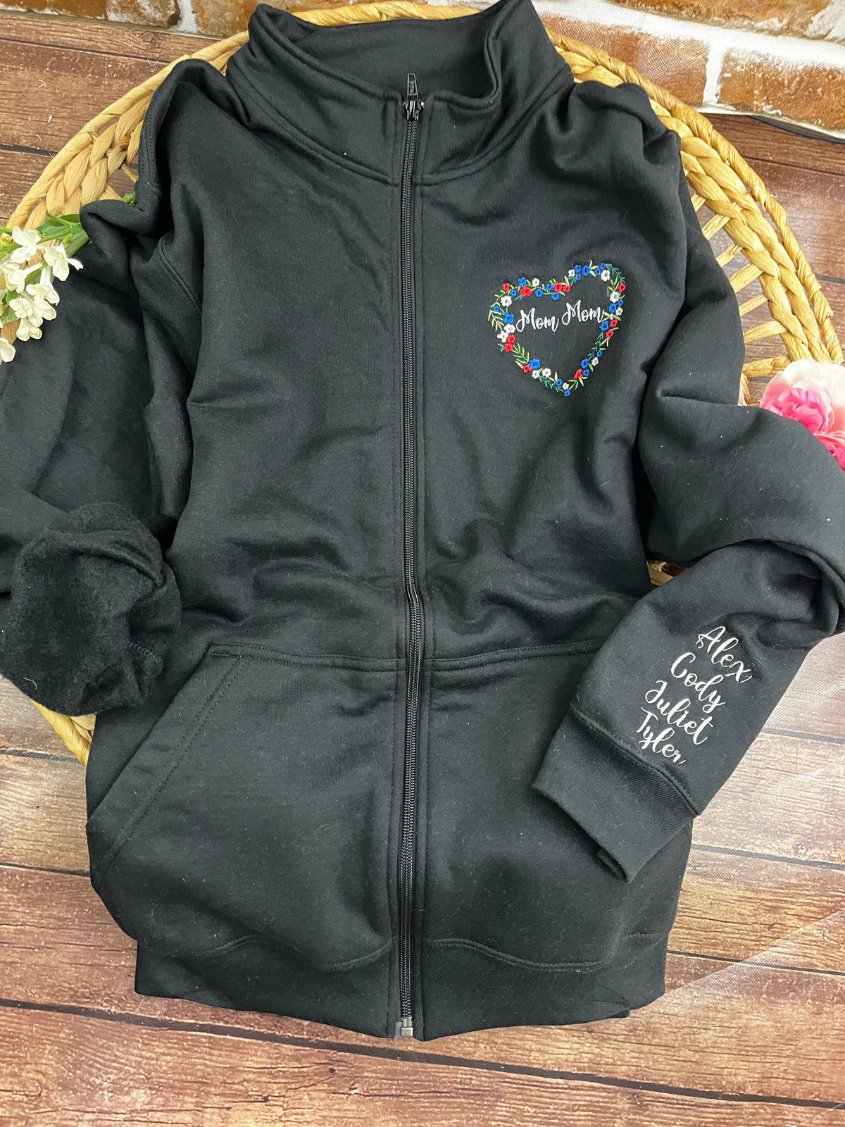 Personalised grandma floral heart embroidered zip up sweatshirt - fabric detail