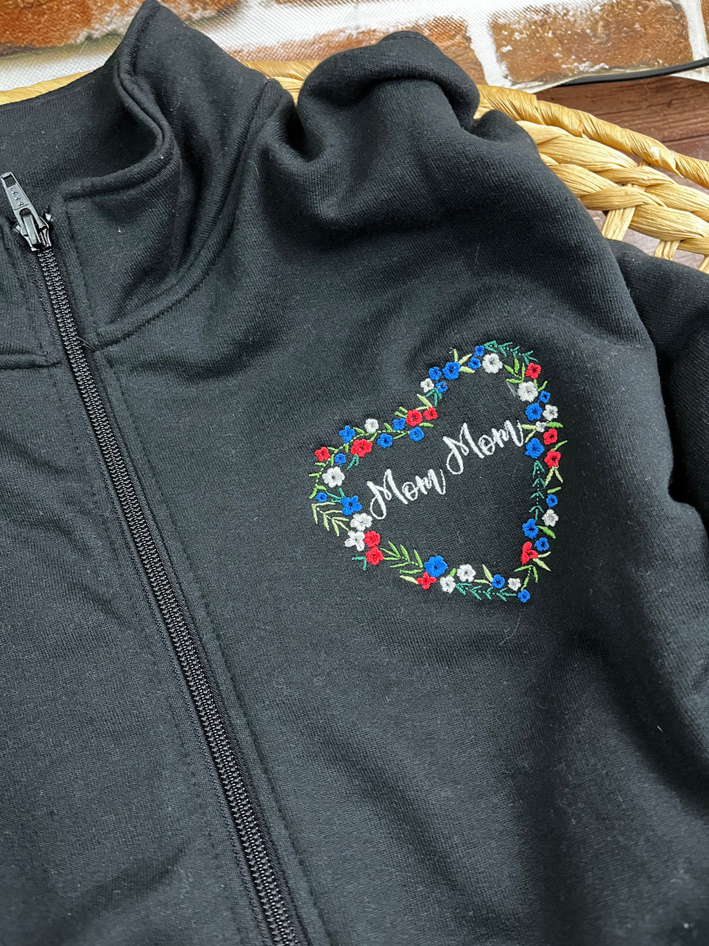 Personalised grandma floral heart embroidered zip up sweatshirt - second detail view