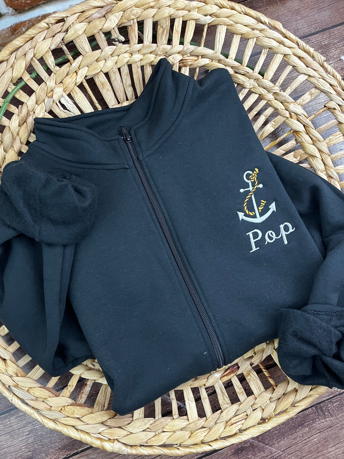 Personalised embroidered anchor zip sweatshirt with custom name - second detail view