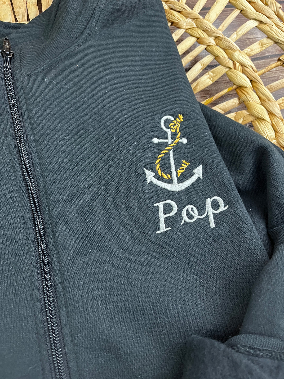 Personalised embroidered anchor zip sweatshirt with custom name - close up view