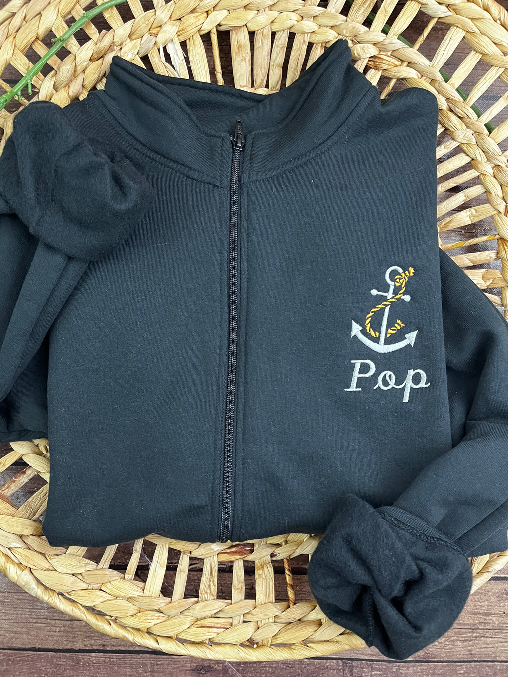 Personalised embroidered anchor zip sweatshirt with custom name - detail view