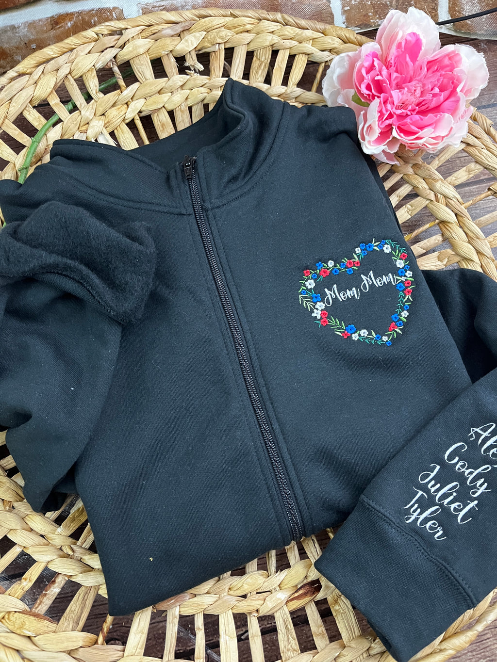 Personalised grandma floral heart embroidered zip up sweatshirt - alternate view