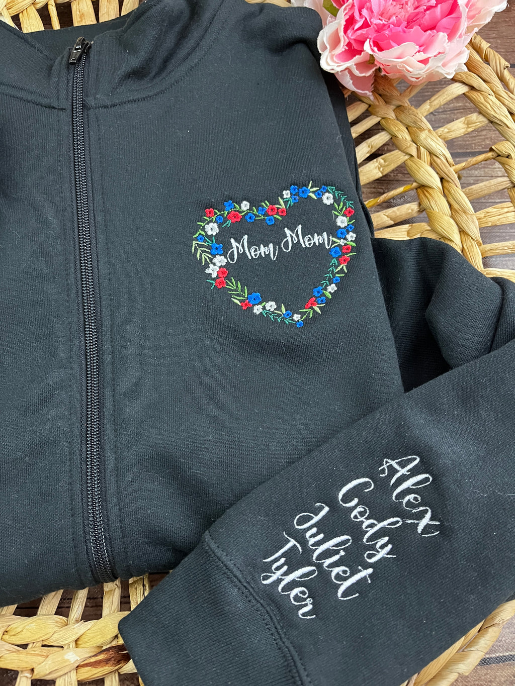 Personalised grandma floral heart embroidered zip up sweatshirt - close up view
