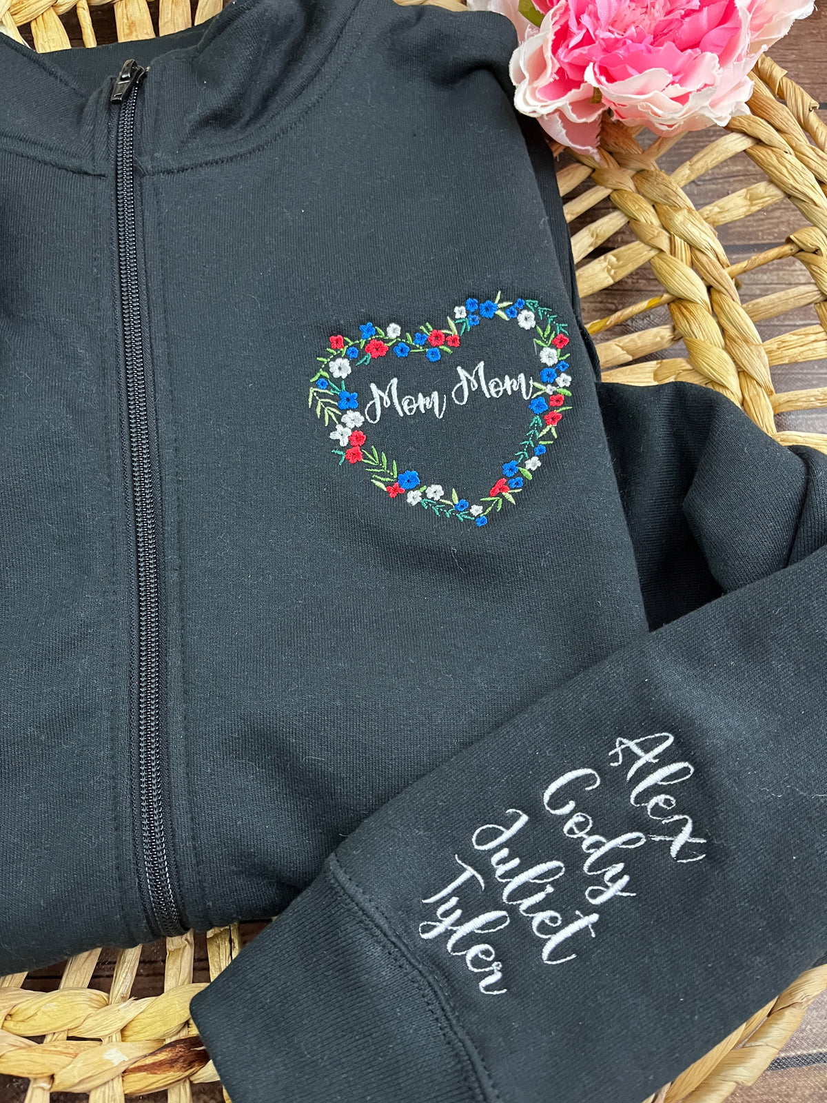 Personalised grandma floral heart embroidered zip up sweatshirt - close up view