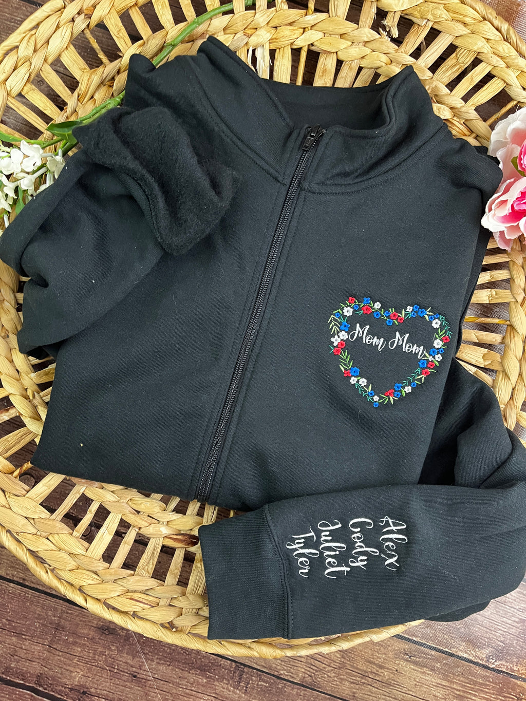 Personalised grandma floral heart embroidered zip up sweatshirt - detail view