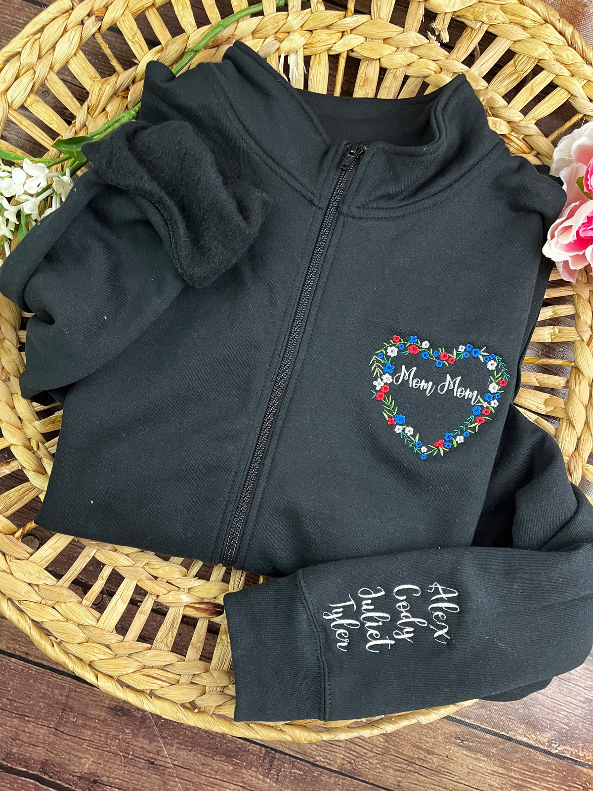 Personalised grandma floral heart embroidered zip up sweatshirt - detail view