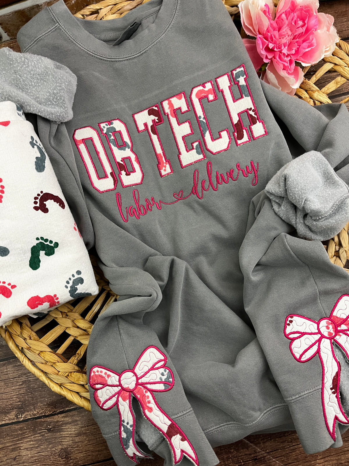 OB tech nurse sweatshirt with side bows from a hospital swaddle blanket - alternate view