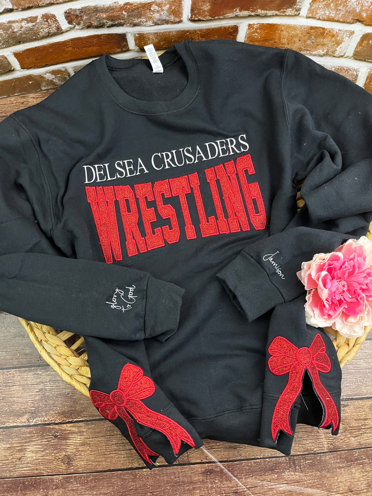 Custom school sports team glitter embroidered sweatshirt with side bows - alternate view