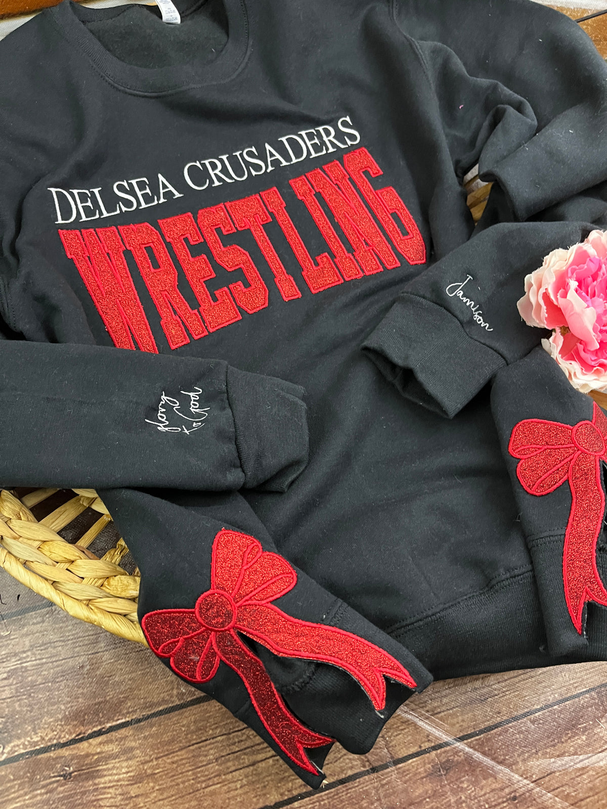 Custom school sports team glitter embroidered sweatshirt with side bows