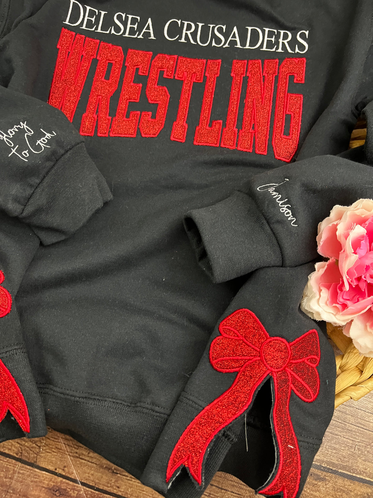 Custom school sports team glitter embroidered sweatshirt with side bows - second detail view