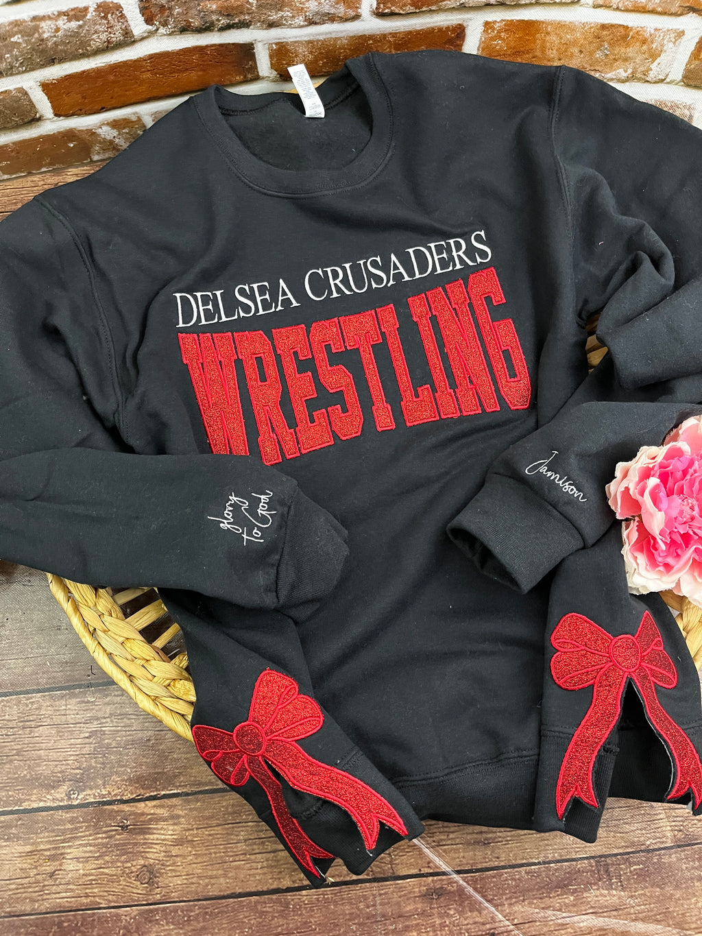 Custom school sports team glitter embroidered sweatshirt with side bows - fabric detail