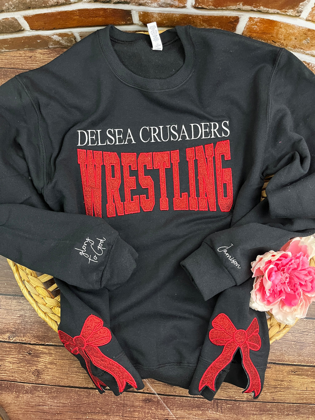 Custom school sports team glitter embroidered sweatshirt with side bows - detail view