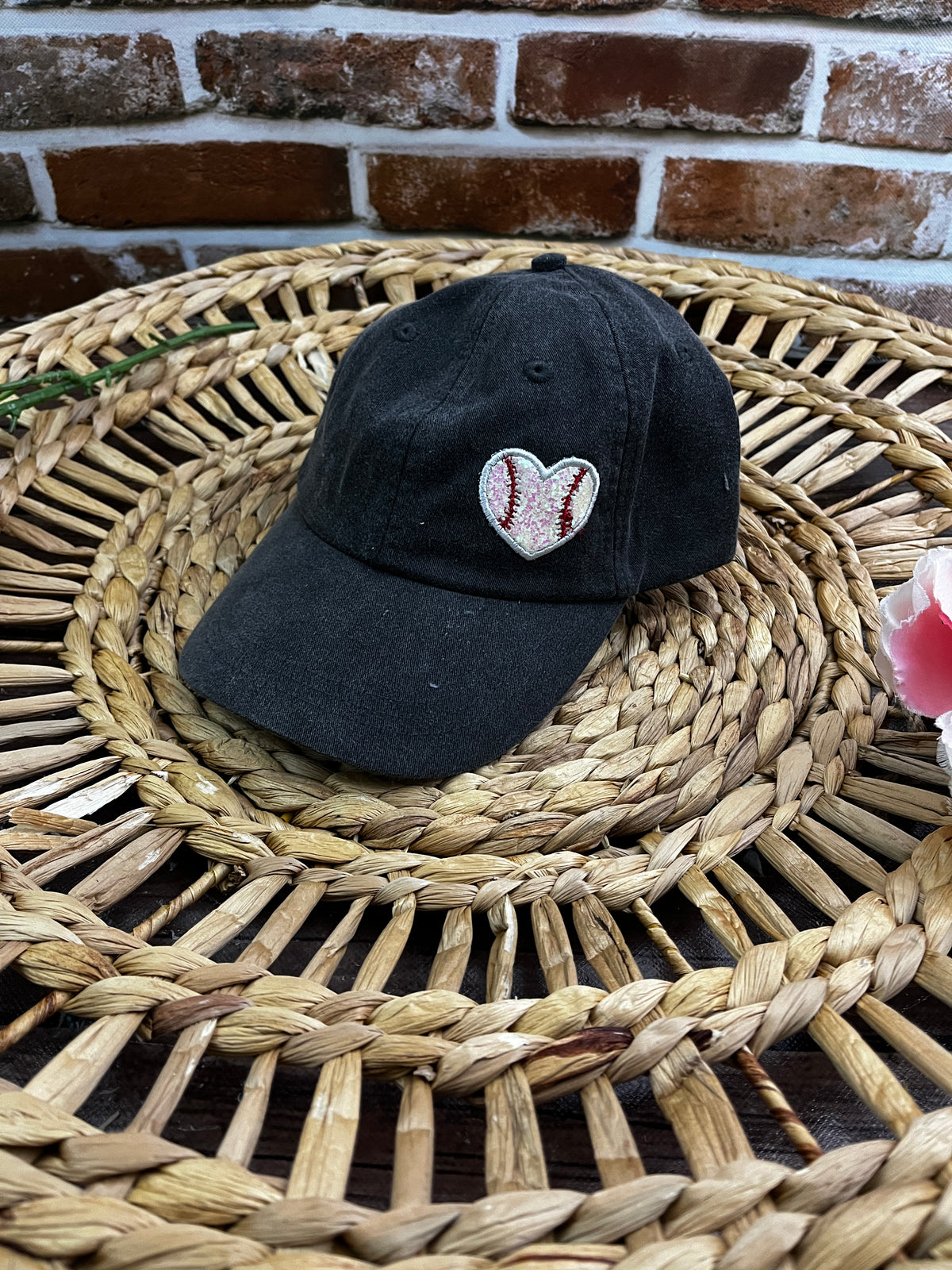 Baseball mom personalised glitter heart embroidered cap - close up view