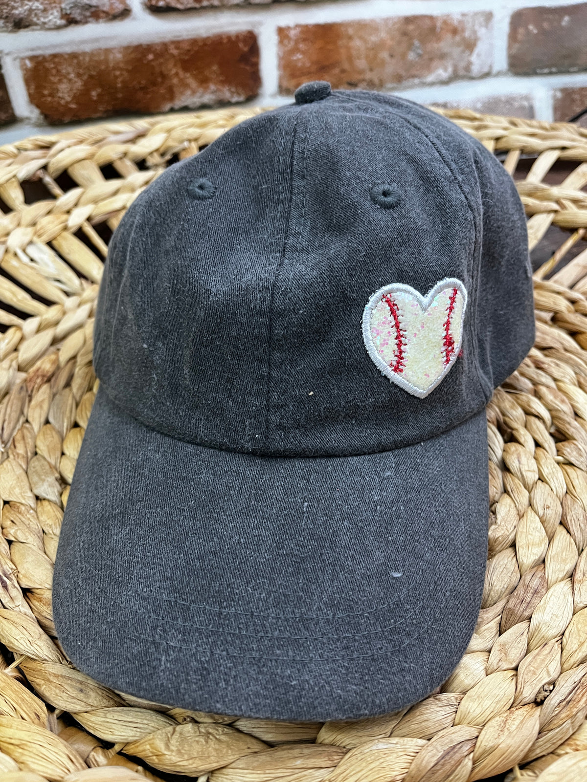 Baseball mom personalised glitter heart embroidered cap - detail view