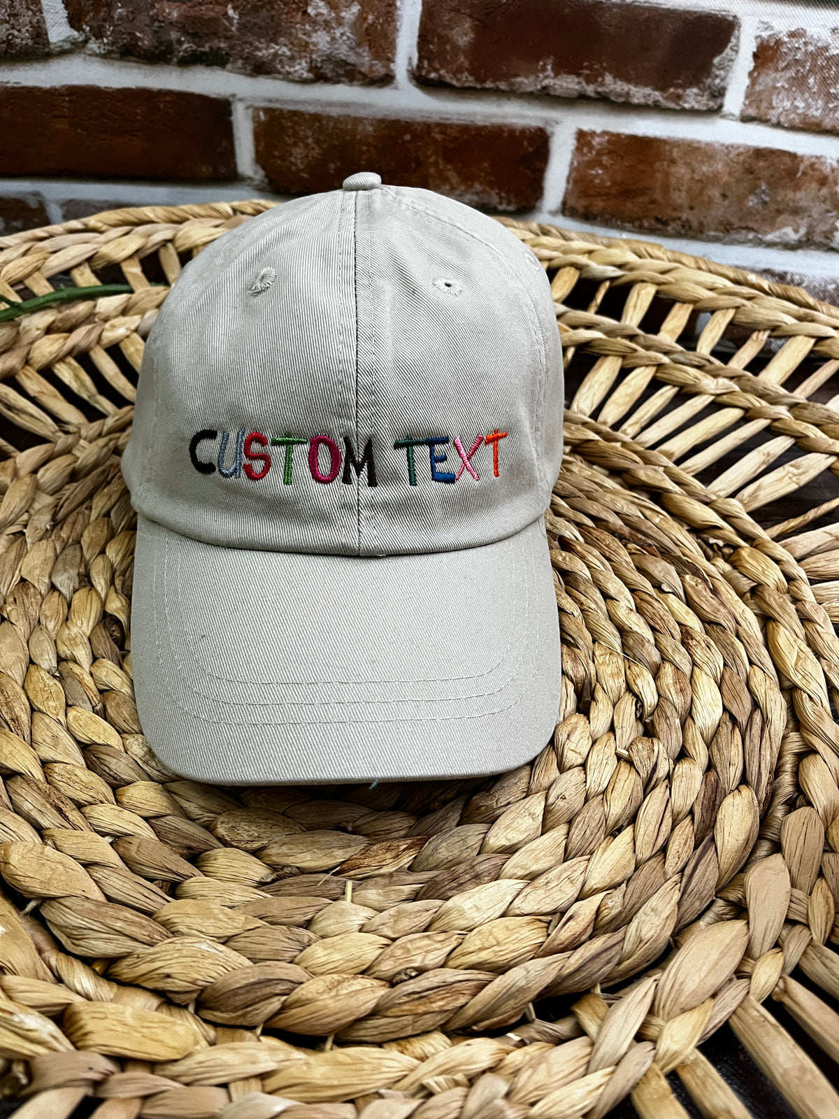 Custom text personalised embroidered adjustable trucker cap - close up view