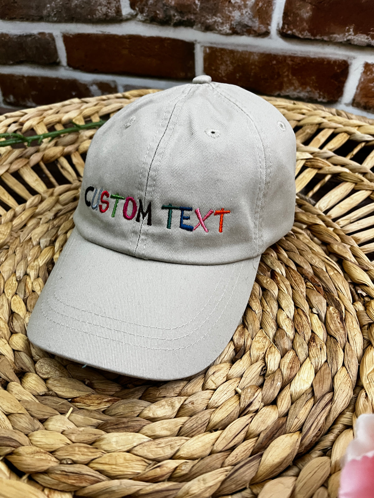 Custom text personalised embroidered adjustable trucker cap - detail view