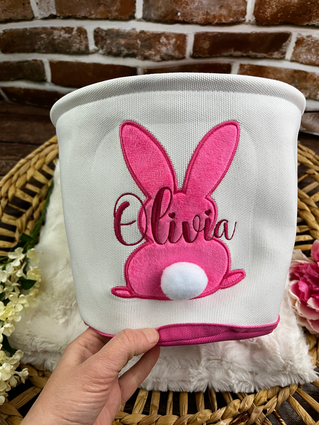 Personalised embroidered Easter bunny basket with custom name - detail view