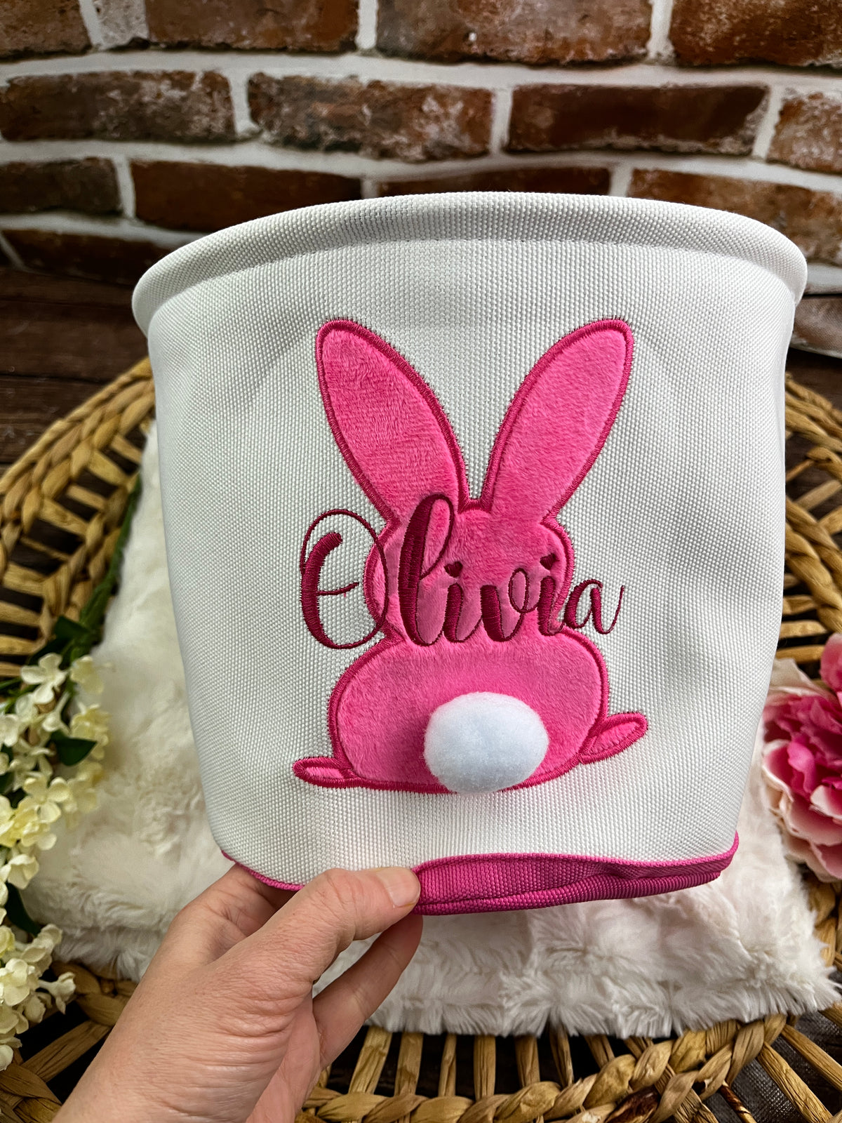 Personalised embroidered Easter bunny basket with custom name - detail view