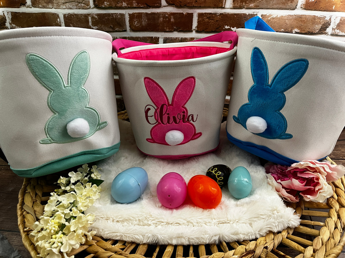 Personalised embroidered Easter bunny basket with custom name - close up view