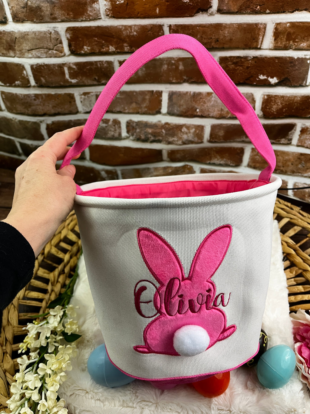 Personalised embroidered Easter bunny basket with custom name - alternate view