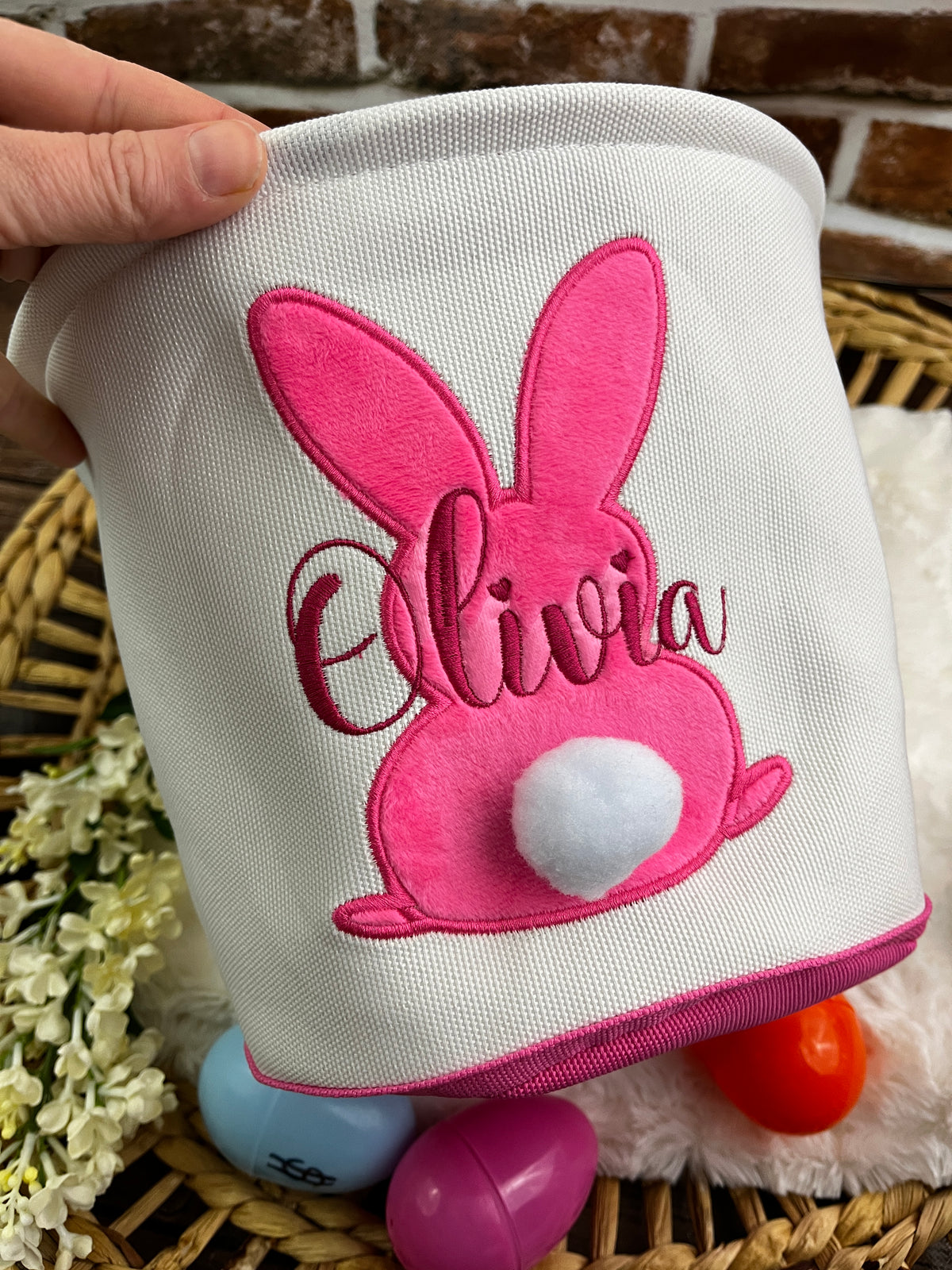Personalised embroidered Easter bunny basket with custom name - fabric detail