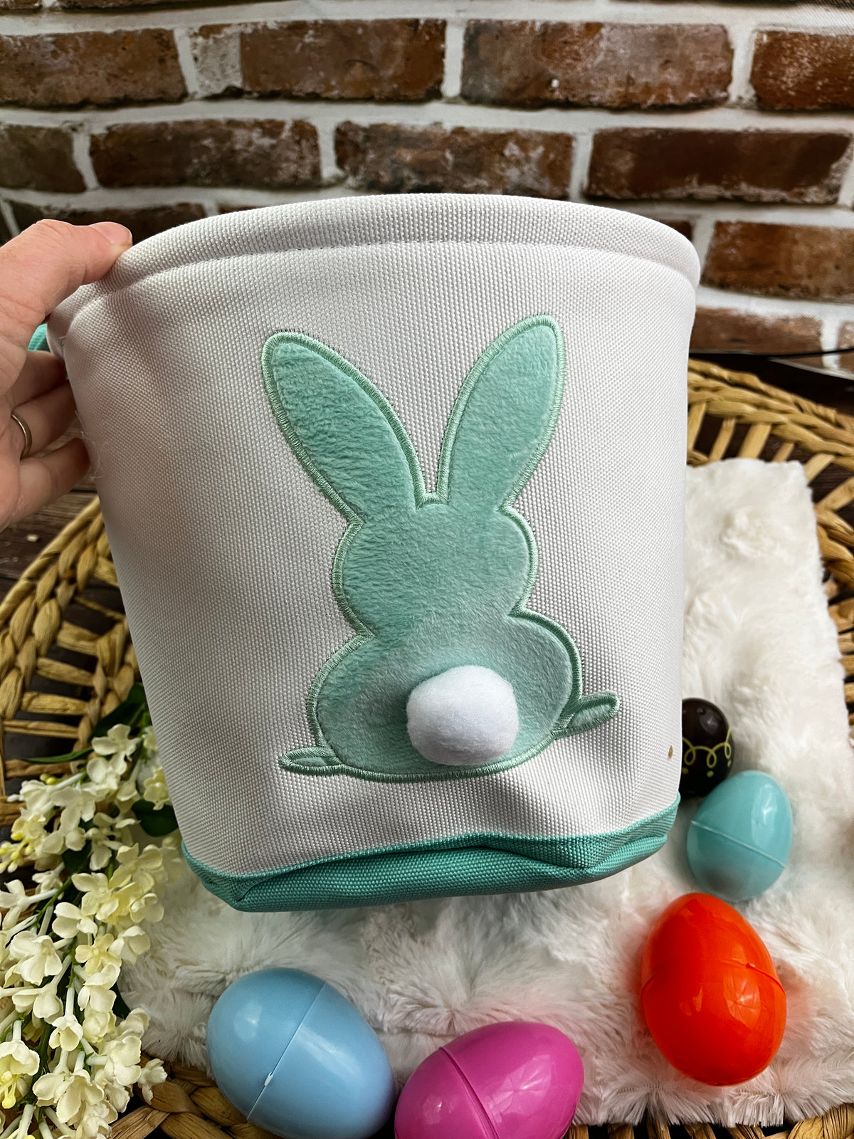 Personalised embroidered Easter bunny basket with custom name - side view