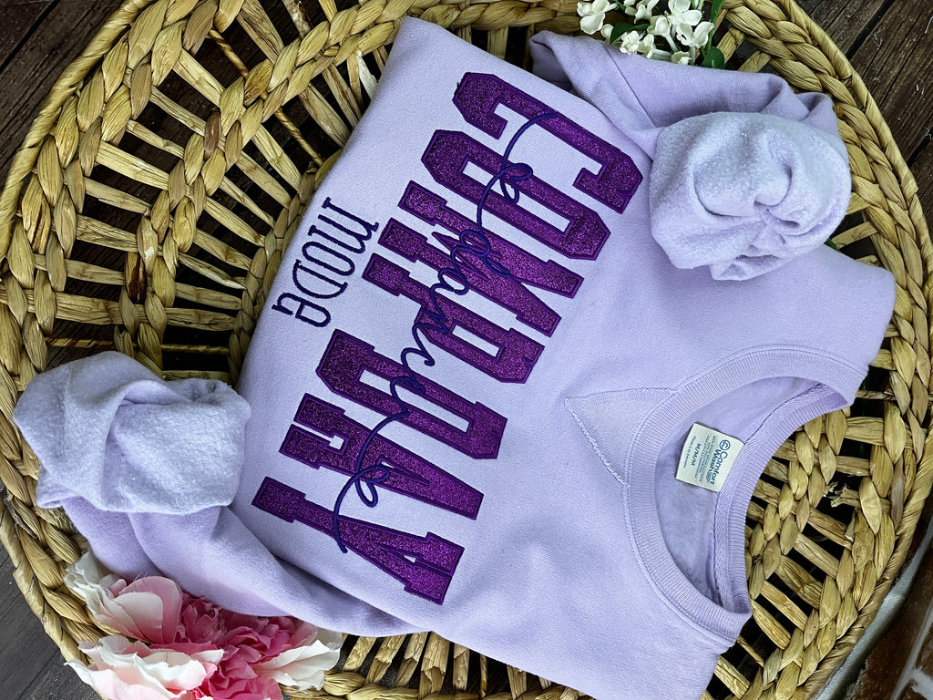 Comp Day Dance Mode glitter embroidered dance team sweatshirt - close up view