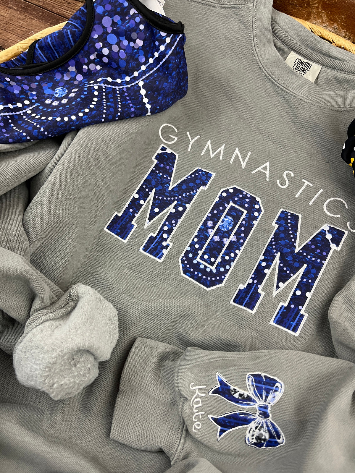 Custom gymnastics mom sweatshirt with leotard applique