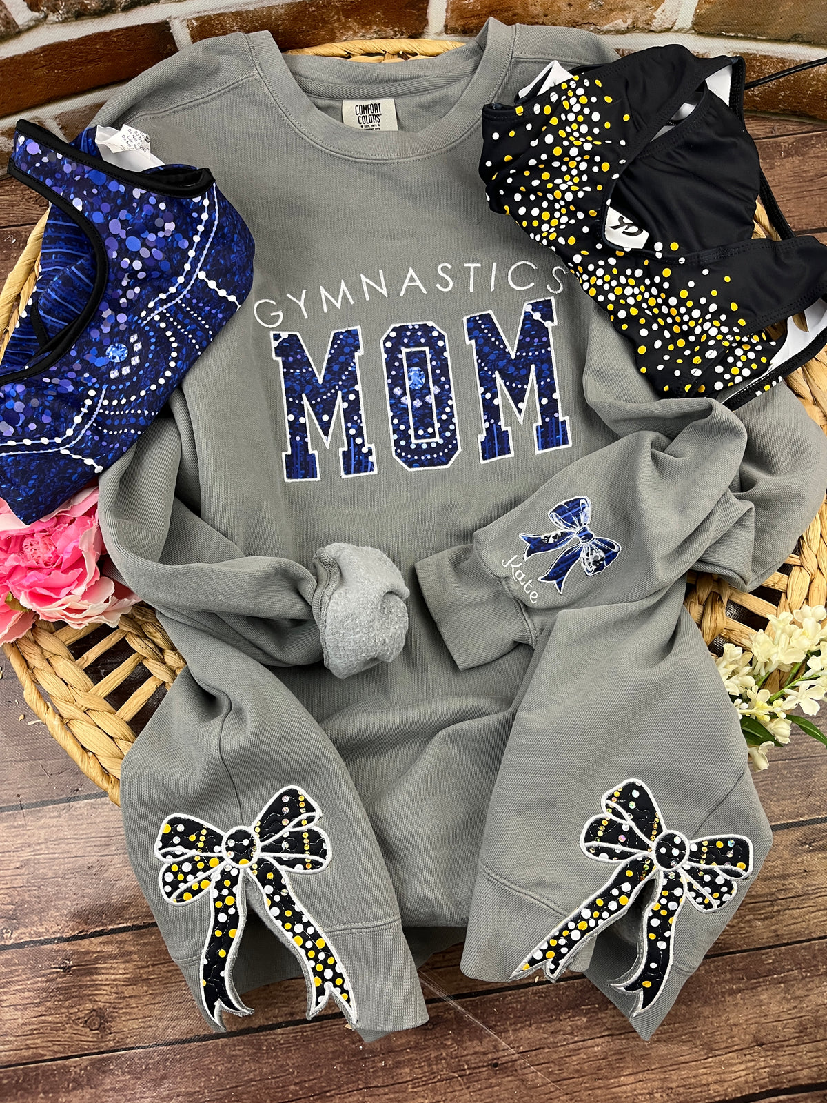 Custom gymnastics mom sweatshirt with leotard applique - detail view