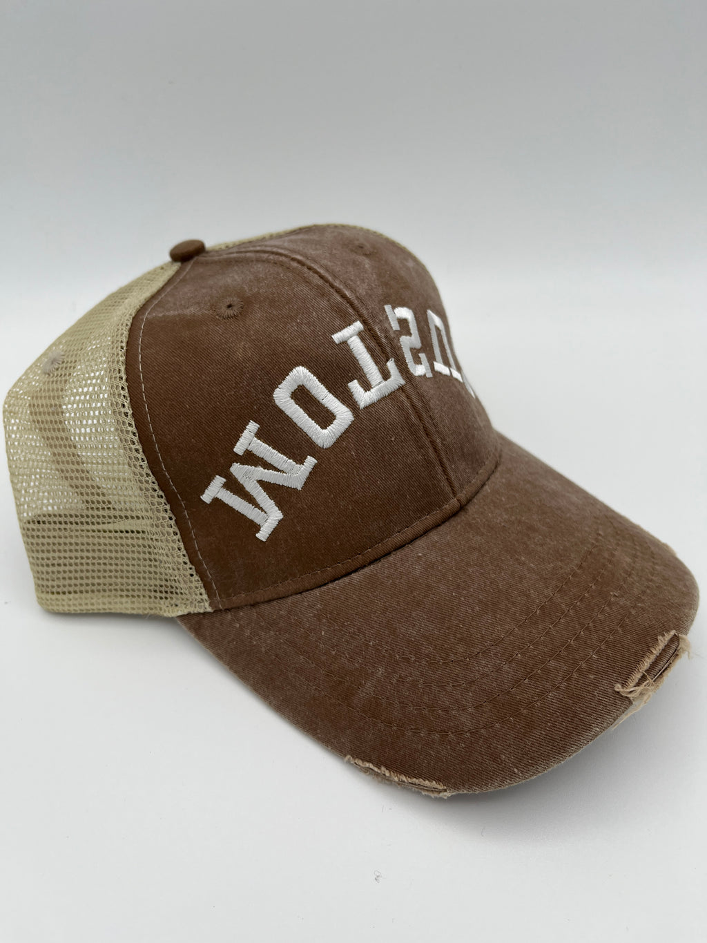 Custom backward flipped text embroidered adjustable cap - detail view