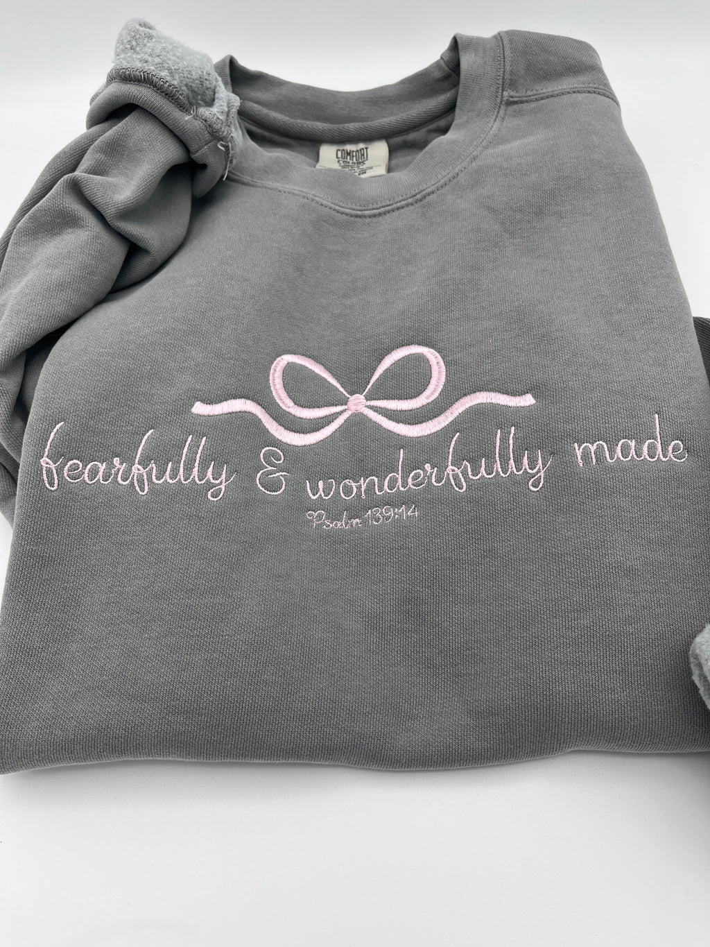 Fearfully and wonderfully made Psalm 139 14 embroidered sweatshirt - close up view