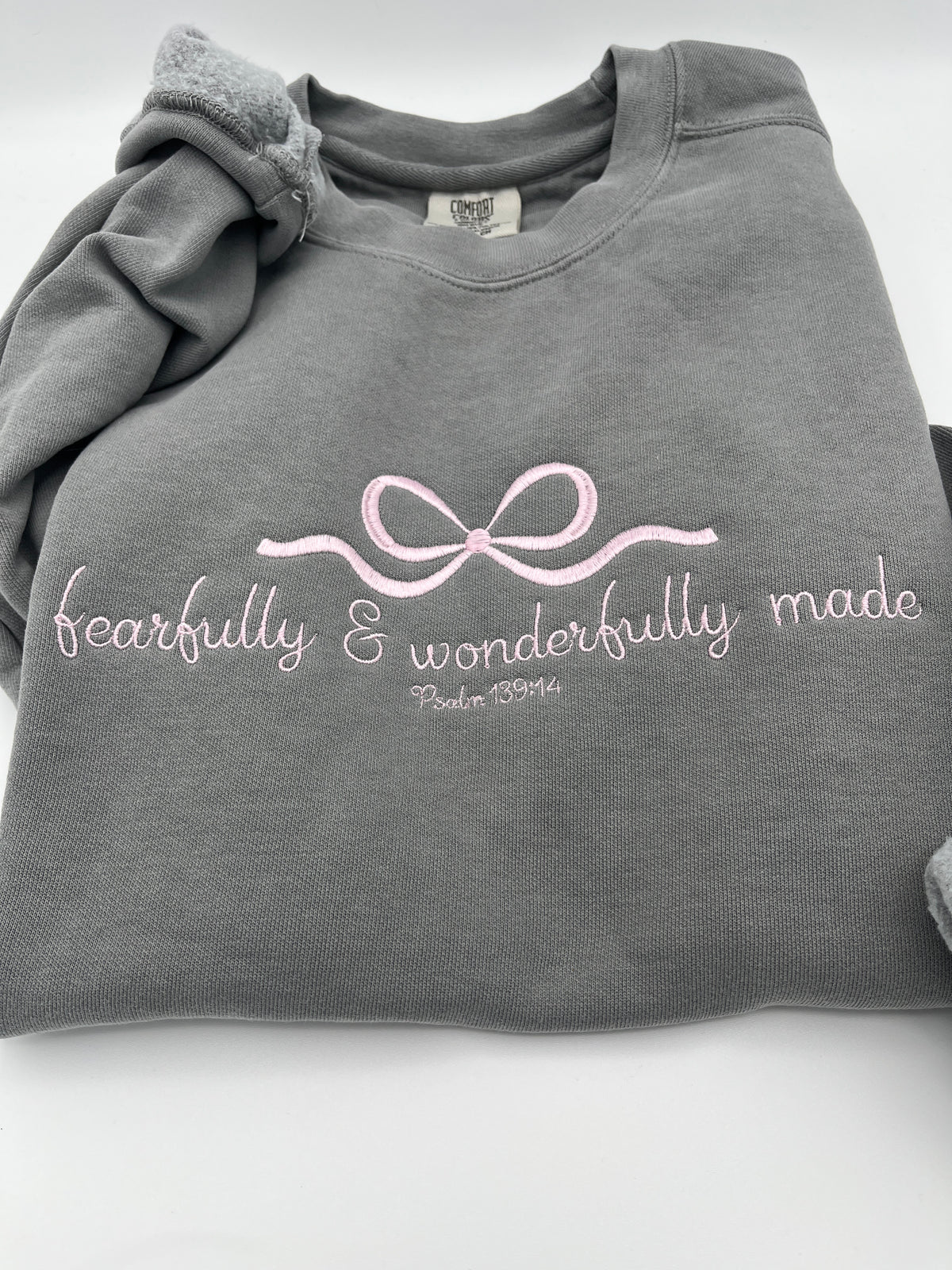 Fearfully and wonderfully made Psalm 139 14 embroidered sweatshirt - close up view