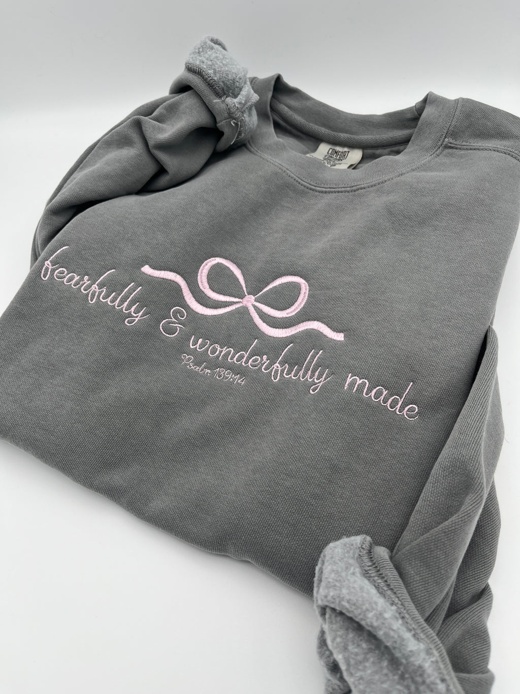 Fearfully and wonderfully made Psalm 139 14 embroidered sweatshirt - detail view