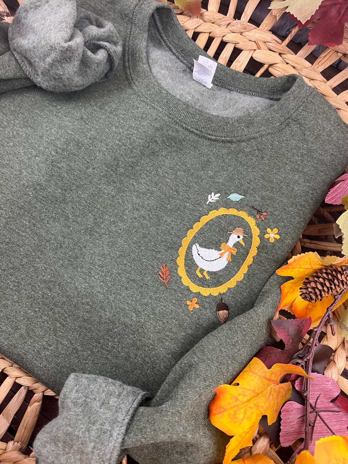 Fall goose embroidered cottagecore crewneck sweatshirt - detail view