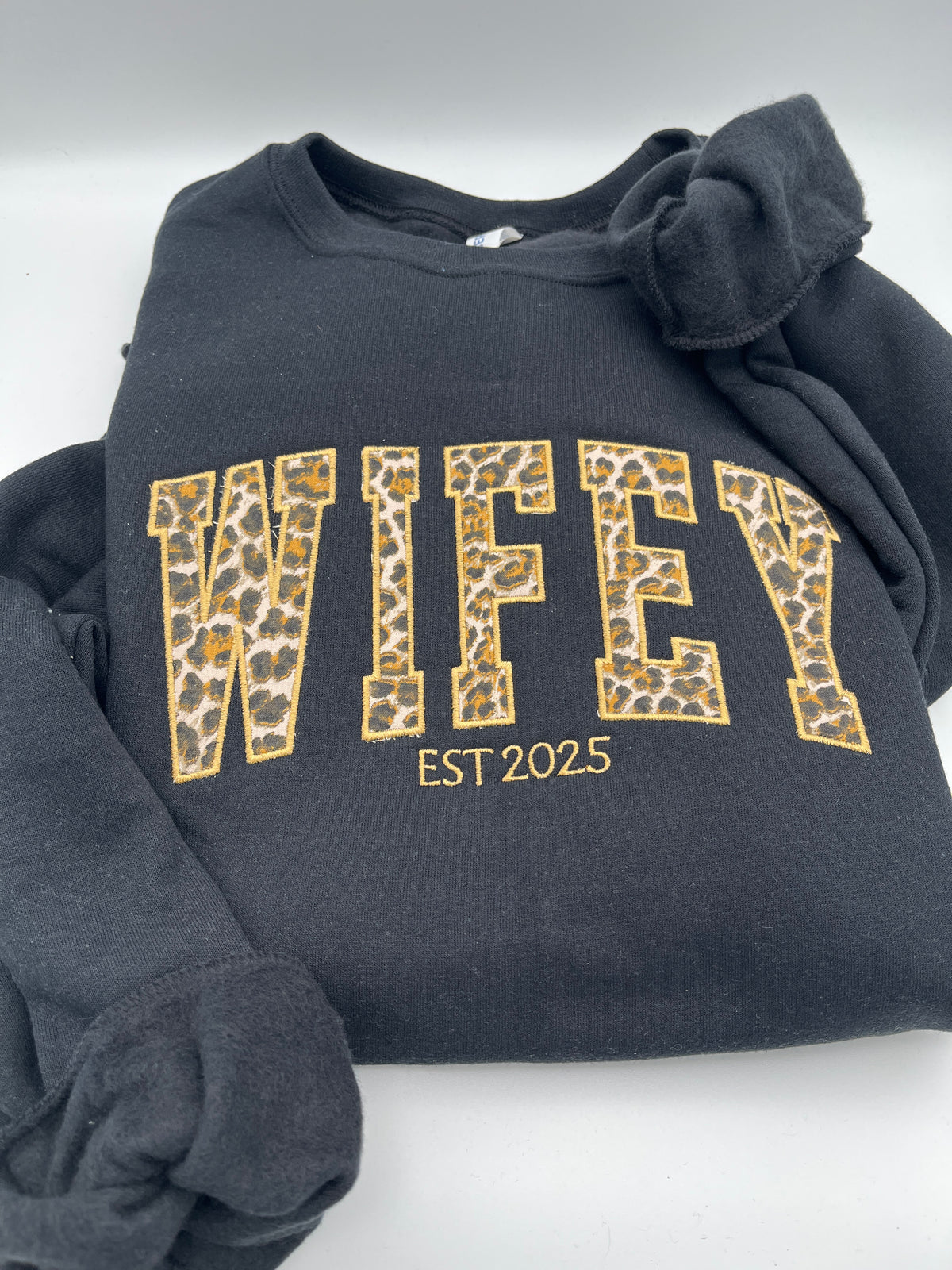 Curved WIFEY applique sweatshirt with cheetah print lettering and custom year - detail view 4