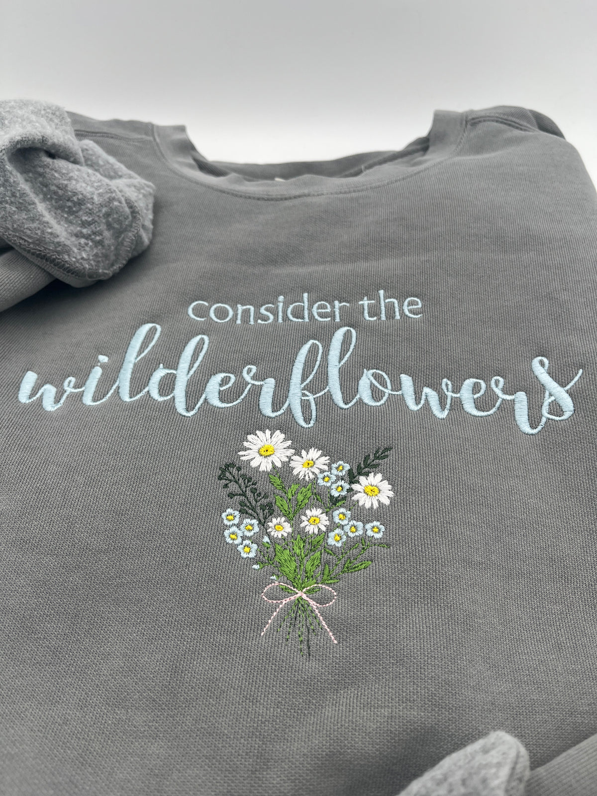 Consider the Wildflowers embroidered Christian sweatshirt with wildflower design - detail view
