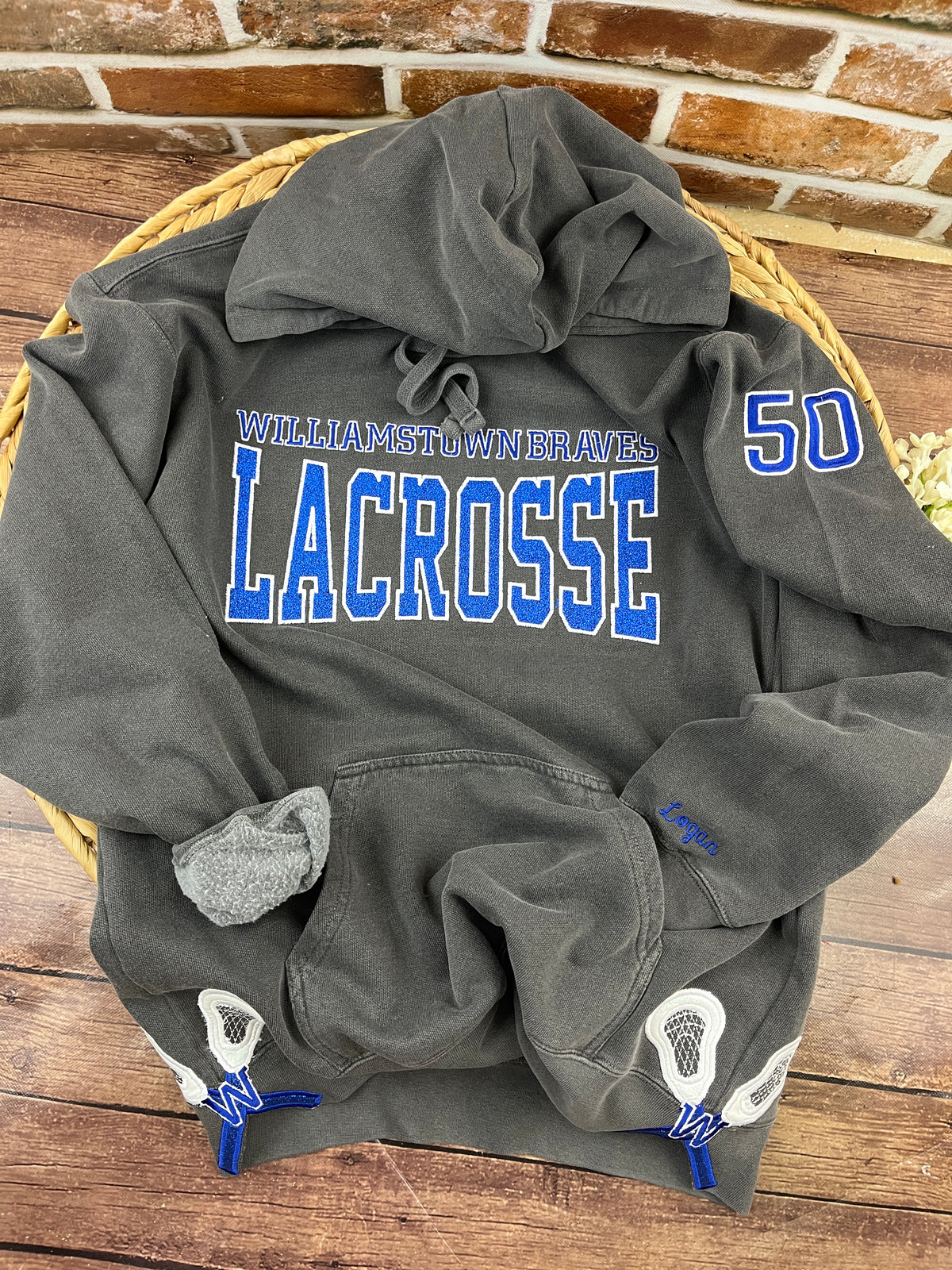 Custom lacrosse sweatshirt with glitter applique school name embroidery - detail view 4