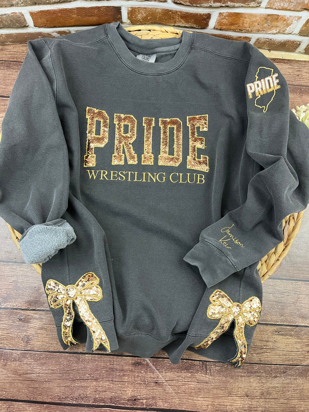 Custom wrestling club sweatshirt with sequin lettering - detail view 7