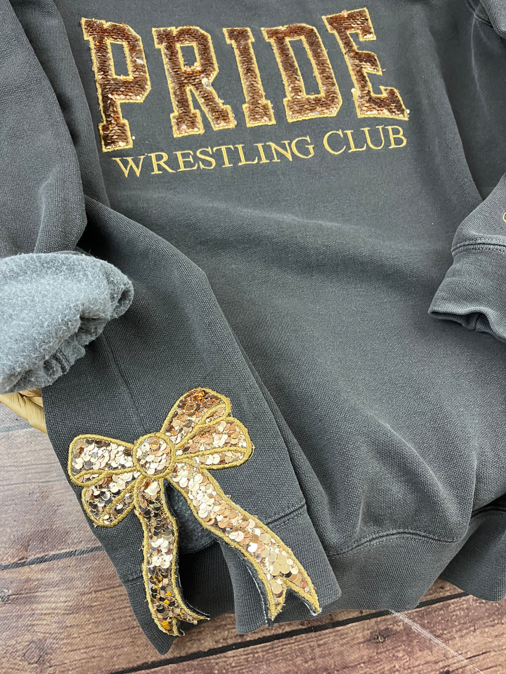 Custom wrestling club sweatshirt with sequin lettering - detail view 3