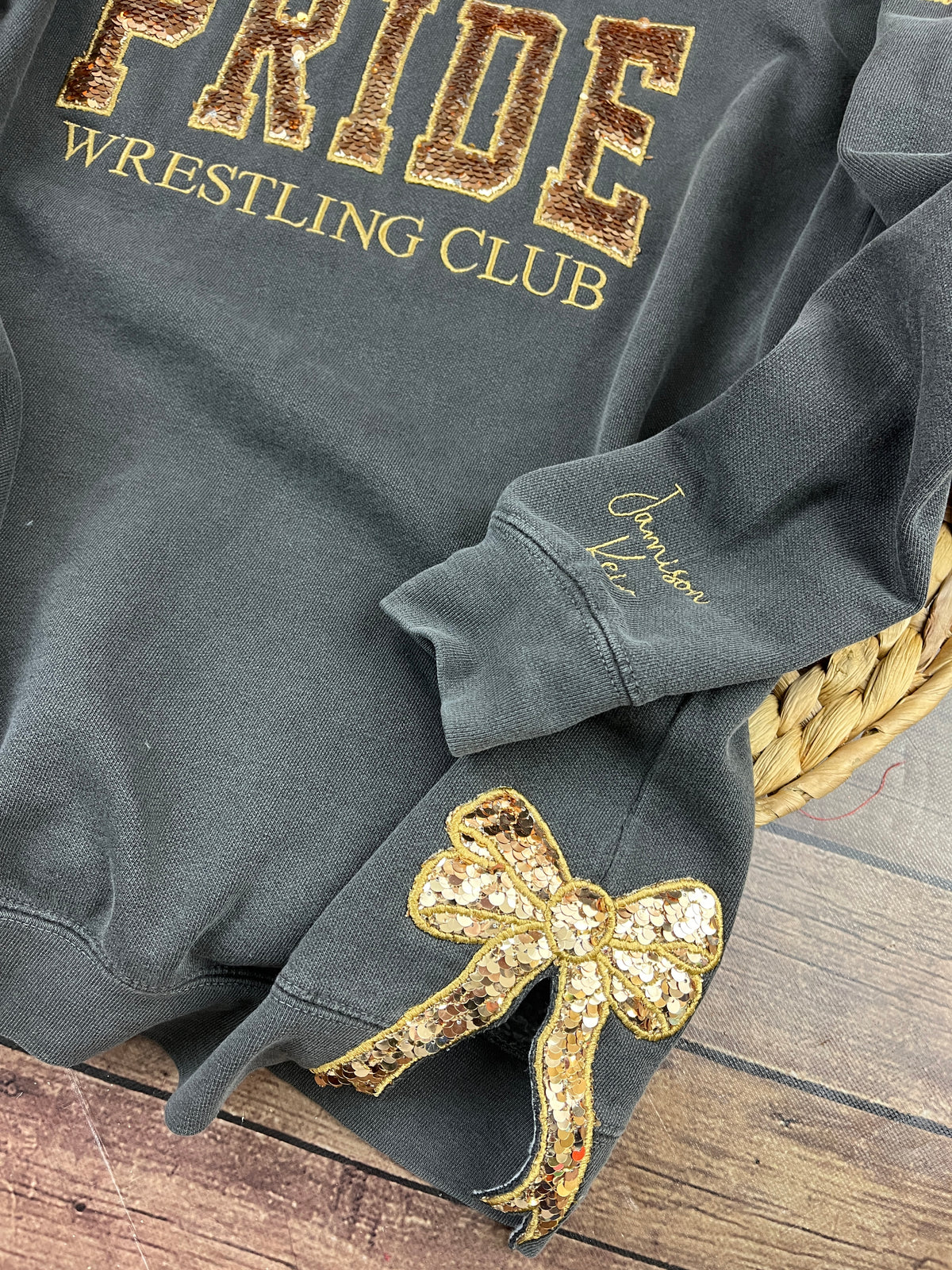 Custom wrestling club sweatshirt with sequin lettering - detail view 2