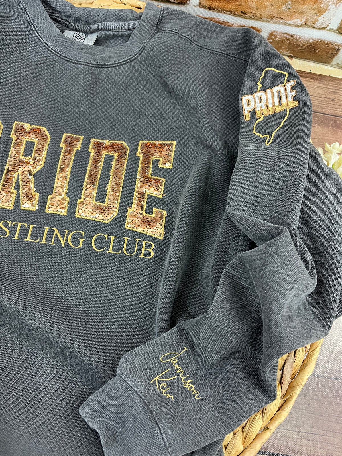 Custom wrestling club sweatshirt with sequin lettering - detail view 5